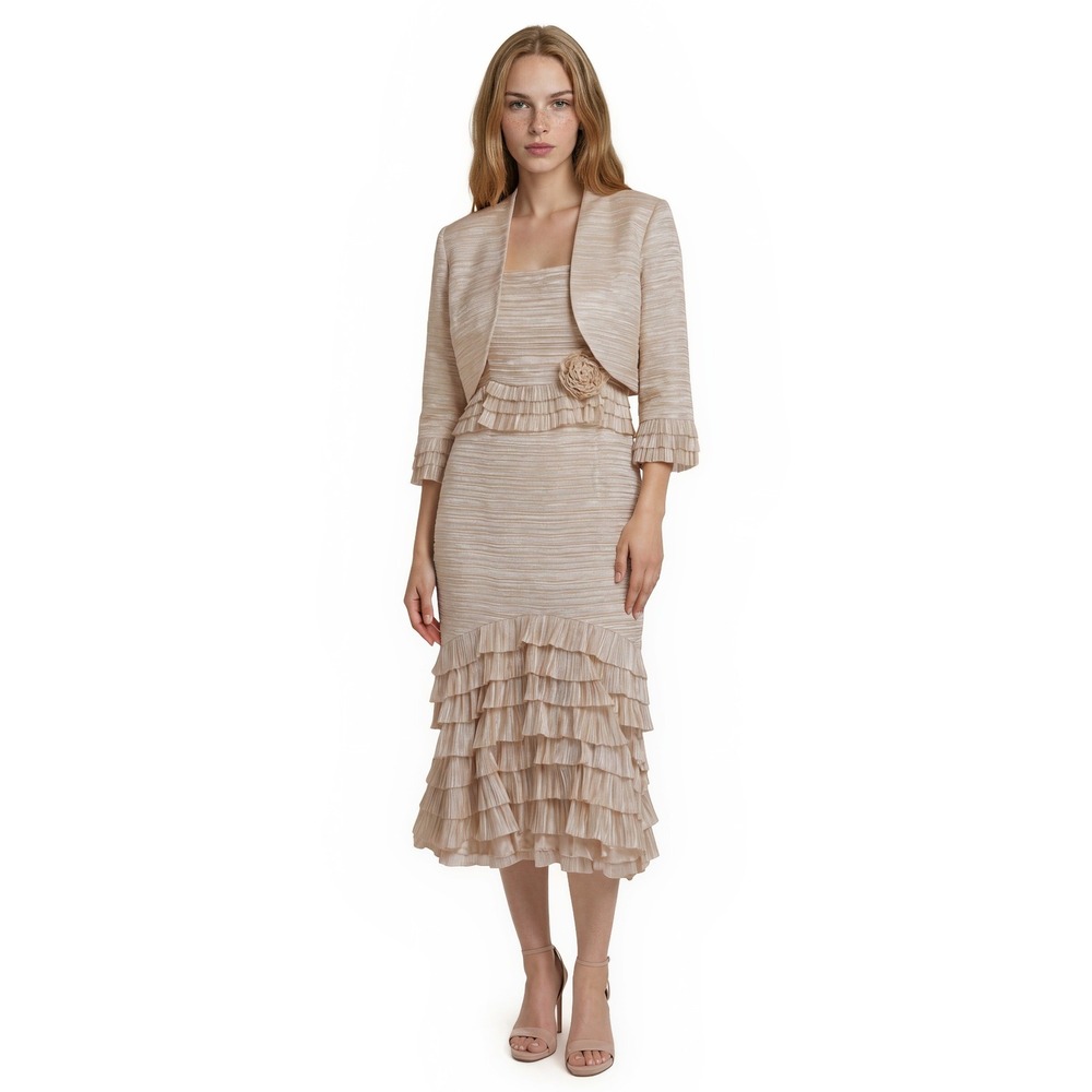 Serafina Dress & Jacket Set Women's Size 10 Champagne Plissé Tiered Ruffle Midi